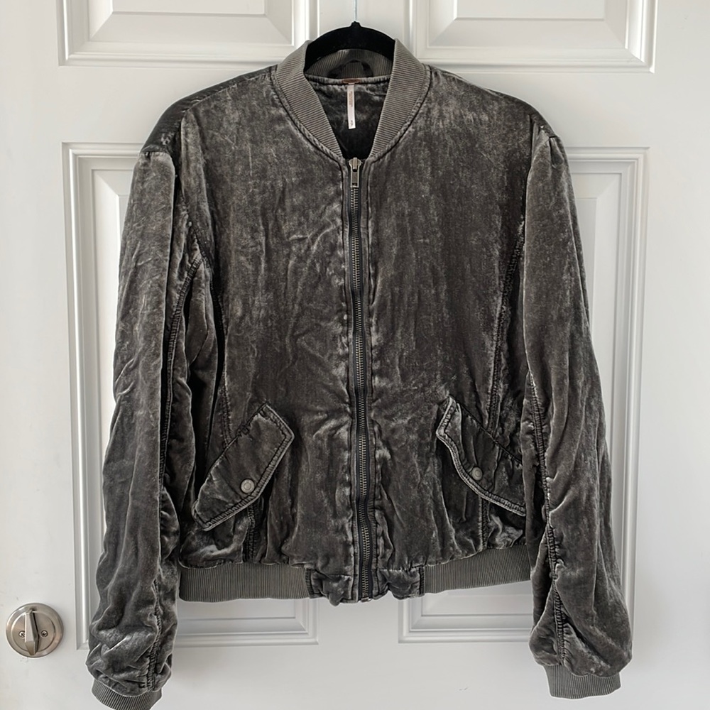 Free People Gray Ruched Velvet Zip-up Bomber Jacket